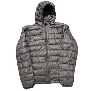 Polo Ralph Lauren The Colden Packable Jacket Men Small Grey‎ Puffer Hooded Pony